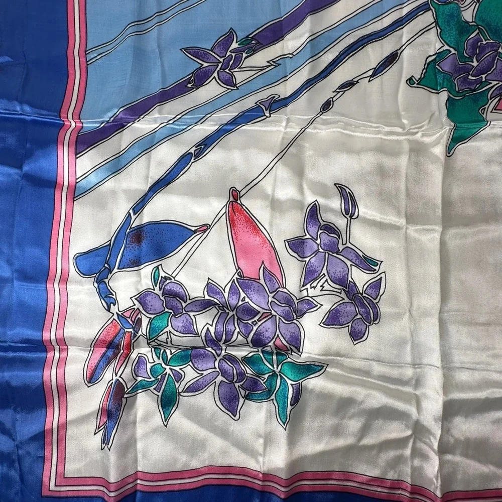 Vintage Blue Floral Satin Square Scarf Large Orchid Print 80s 90s Art Deco 36
